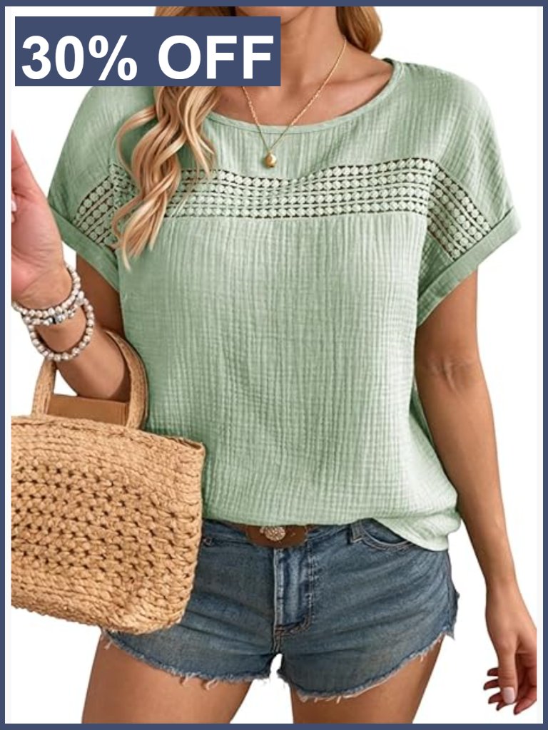 Crewneck Short Sleeve Hollow Out T-Shirt Casual Loose Fit Blouse